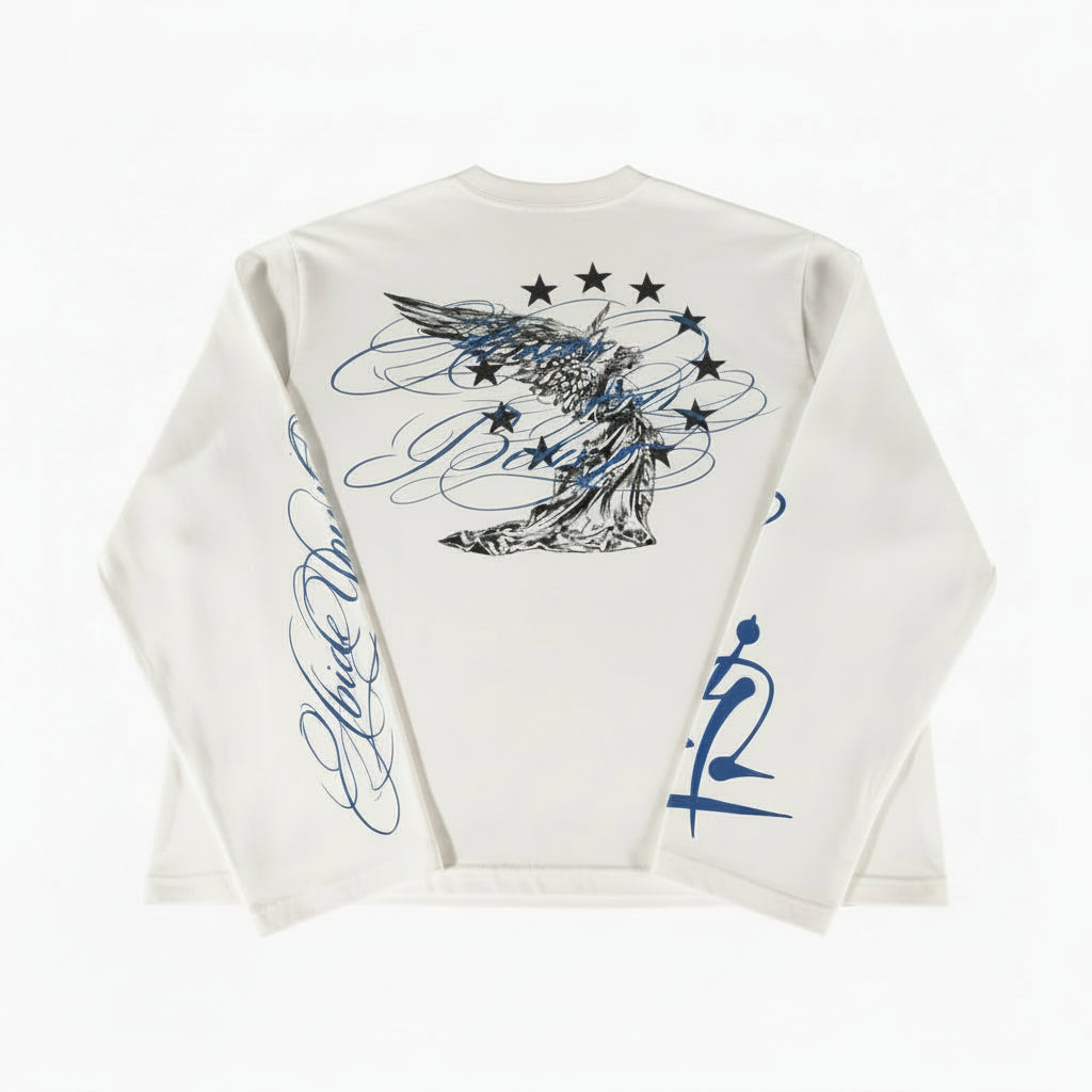 White long-sleeve shirt with graphic design on a black surface