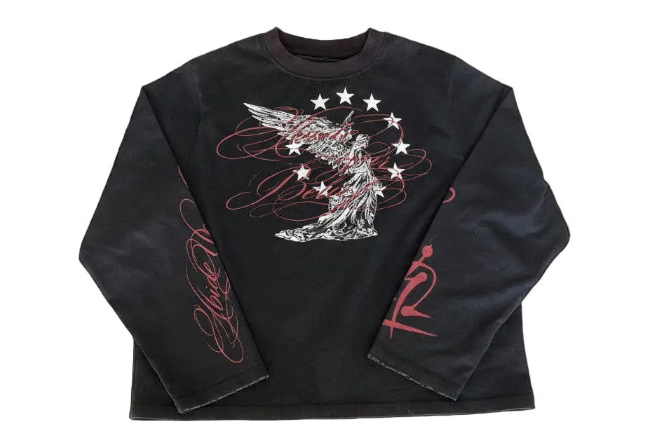 Black long-sleeve shirt with graphic designs on a black background